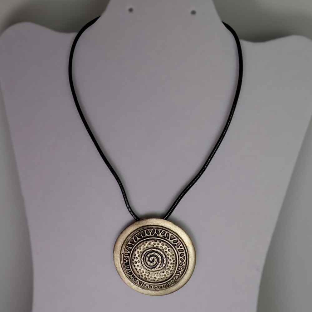 Chico's Additions NWT Artisan Hammered Two Tone Spiral Medallion Cord Necklace